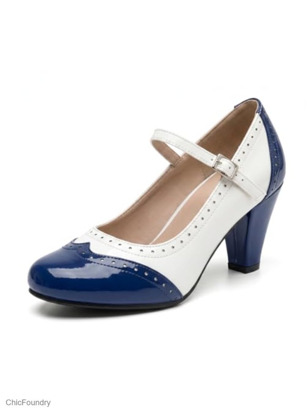 Vintage 1950s Oxford Women's Pumps Block Heel Mary Jane Wingtip Brogue PU